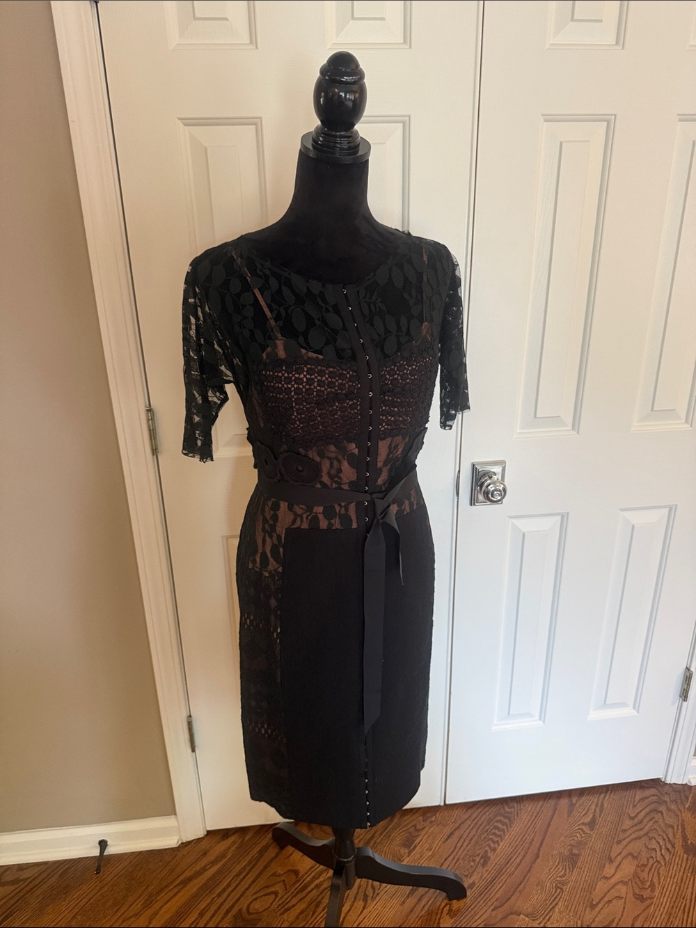 Byron Lars Black Lace Midi Dress with Belted Waist